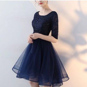 Navy Blue A-Line Cocktail High Low Prom Modest